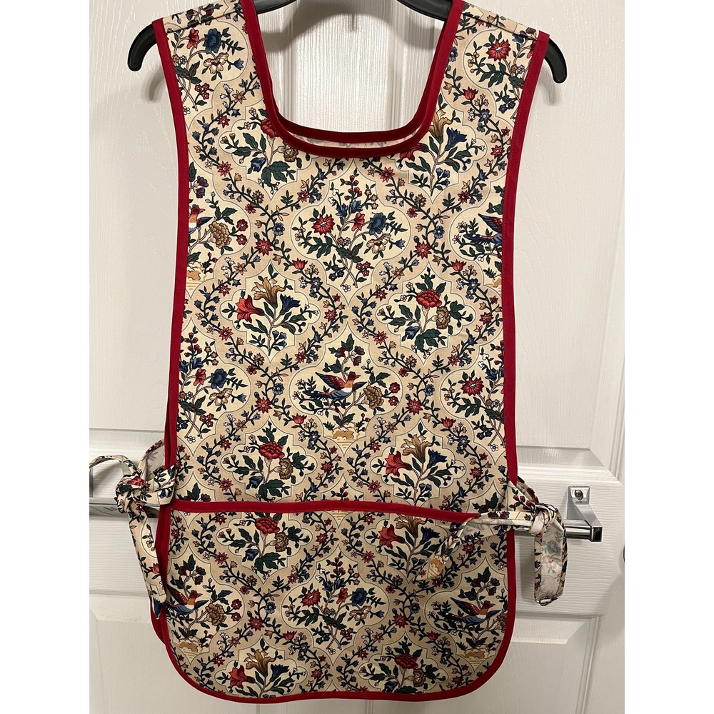 Red Blue Floral Bird Side Tie Apron, Handcrafted Kitchen Linen